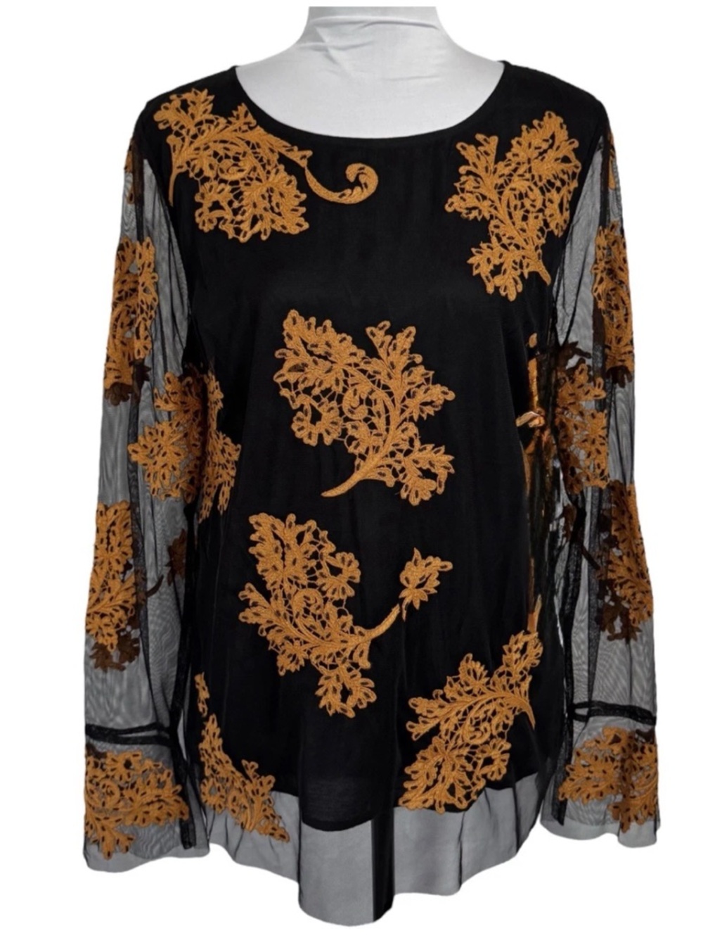 Sundance Top Black Tule Golden Lacey Appliqué Vamp Gothic Dark Romantic Fairy S